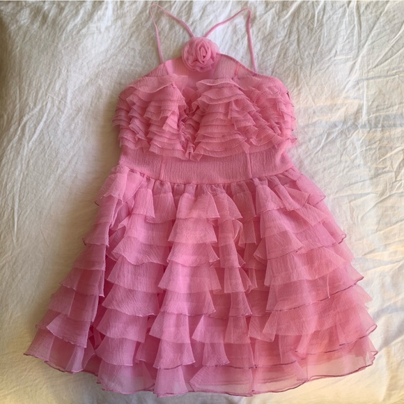 NWT Staud Florian Appliqué Flower Ruffle Halter Organza Mini Dress Tulip Pink - Picture 5 of 13